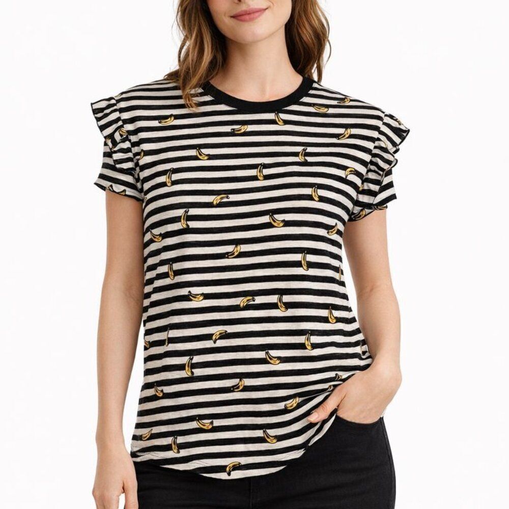 NWT Lumiere Banana Print Striped Tee size Medium Black White Ruffle Sleeve Top